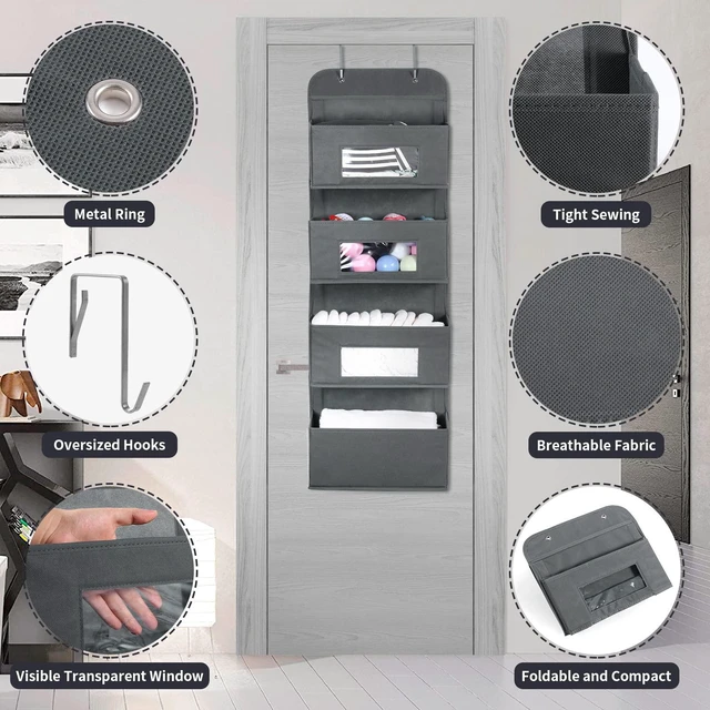 Alt view image 4 of 7 - 4-Shelf Over The Door Hanging Organizer with 2 Metal Hooks, Gray | 4 Pocket Swing-proof Behind Door Organizers with Clear Windows for Bathroom Closet, Dorm