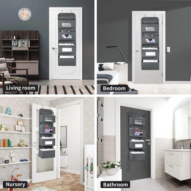 Alt view image 5 of 7 - 4-Shelf Over The Door Hanging Organizer with 2 Metal Hooks, Gray | 4 Pocket Swing-proof Behind Door Organizers with Clear Windows for Bathroom Closet, Dorm