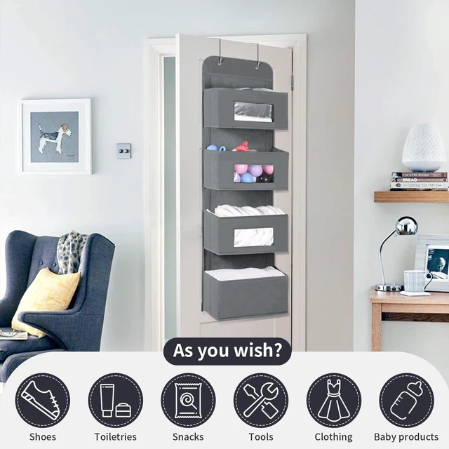 Alt view image 6 of 7 - 4-Shelf Over The Door Hanging Organizer with 2 Metal Hooks, Gray | 4 Pocket Swing-proof Behind Door Organizers with Clear Windows for Bathroom Closet, Dorm