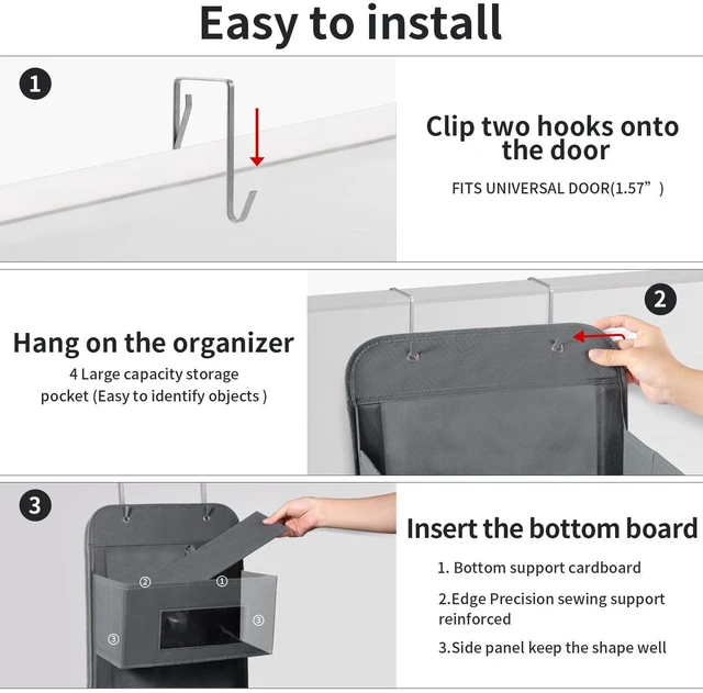 Alt view image 7 of 7 - 4-Shelf Over The Door Hanging Organizer with 2 Metal Hooks, Gray | 4 Pocket Swing-proof Behind Door Organizers with Clear Windows for Bathroom Closet, Dorm