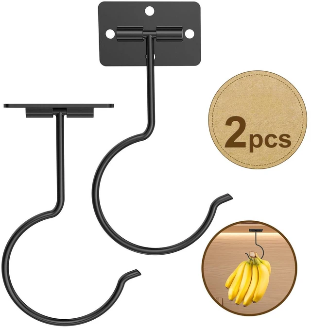 Main image of 2 Pcs Banana Hook, Under Cabinet Foldable Banana Hanger | Black Self-Adhesive Under Cabinet Foldable Metal Banana Hanger, Banana Hook Holder to Keep Bananas Fresh, Save Space