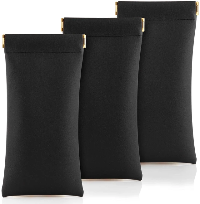 Main image of 3 pack leather eyewear case PU soft sunglasses bag squeeze top portable lightweight eyewear case for men and women (Black)