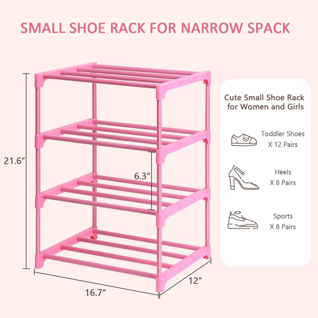 Alt view image 6 of 7 - Small Kids Shoe Rack, 4 Tier Pink Shoe Organizer Shoe Shelf for Closet,Stackable Narrow Shoe Stand Slim Zapateras Organizer,Cute Toddler Shoe Rack Floor for Women & Girls-Full Pink