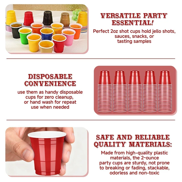 Alt view image 3 of 7 - Red Plastic Shot Cups 100 Pack 2oz - Disposable Party Cups for Memorial Day, Father's Day, Independence Day, Graduation Parties, Birthdays & Summer Gatherings