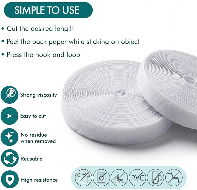 Alt view image 7 of 7 - (26ft x 0.75in) White Velcro Strips with Adhesive, Double Rolls of Heavy Duty Self Adhesive Tape with Backing (20ft x 4in + Measuring Tape)