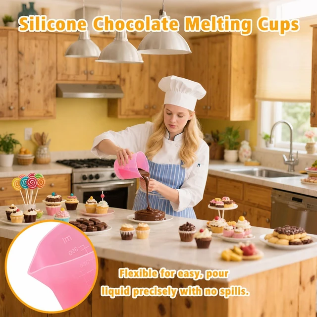 Alt view image 2 of 7 - Silicone Cups for Melting Chocolate, 4PCS Pink Silicone Measuring Cups with 1 Cup & 1.5 Cup Capacity, Reusable Baking Supplies for DIY Chocolate Molds, Melting Chocolate