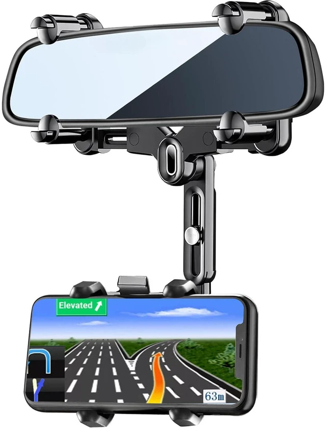 Main image of Rearview Mirror Phone Holder for Car, 360° Rotating and Retractable Multifunctional Rear View Phone Mount, Upgraded Four Corners Fixed Anti-Shake Fit All Smartphones & Bigger Vehicle
