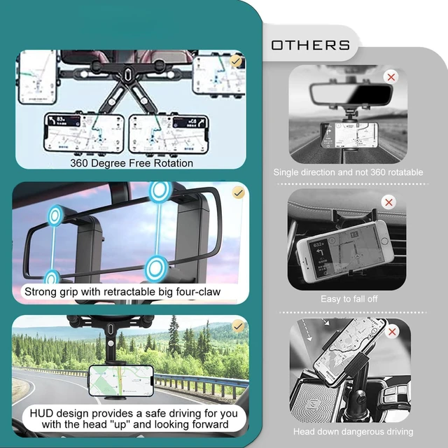 Alt view image 7 of 7 - Rearview Mirror Phone Holder for Car, 360° Rotating and Retractable Multifunctional Rear View Phone Mount, Upgraded Four Corners Fixed Anti-Shake Fit All Smartphones & Bigger Vehicle