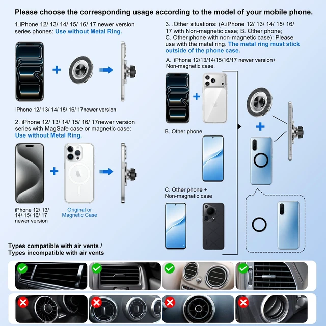 Alt view image 2 of 7 - for MagSafe Car Mount,22 N55 Super Magnets Magnetic Phone Holder for Car Air Vent, Cell Phone Mount Car Accessories Compatible with iPhone 17 16 15 14 13 12 Pro Max