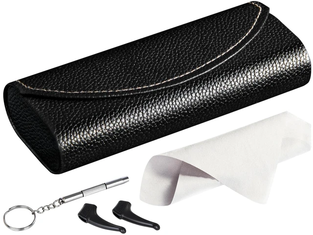 Main image of Ultimate Glasses Case Kit, Hard Shell Sunglasses and Eyeglass Case with Cleaning Cloth, Screwdriver, Ear Hooks (Black)