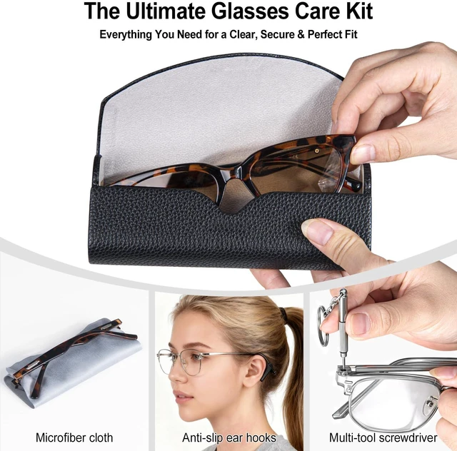 Alt view image 3 of 7 - Ultimate Glasses Case Kit, Hard Shell Sunglasses and Eyeglass Case with Cleaning Cloth, Screwdriver, Ear Hooks (Black)