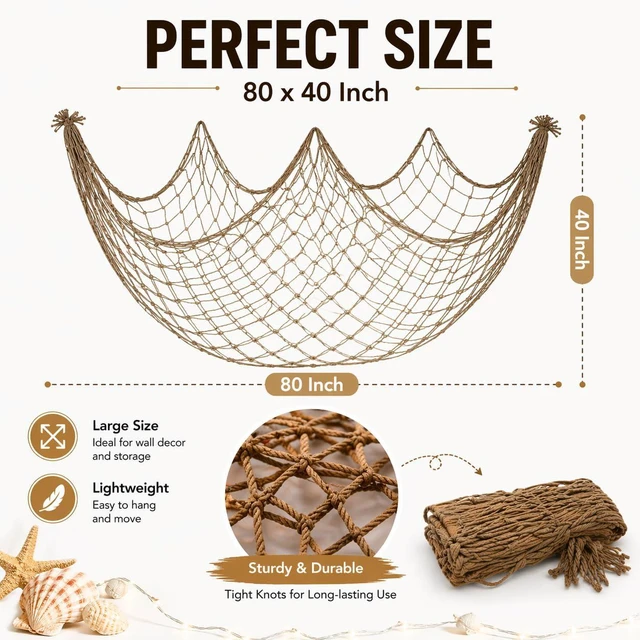 Alt view image 2 of 7 - Fish Net Decorations for Party, 80x40 Inch Large Decorative Fish Netting Table Runner, Wall Photo Hanging Fishnet for Nautical Mermaid Pirate Hawaii Beach Under the Sea Party Decorations, Caramel