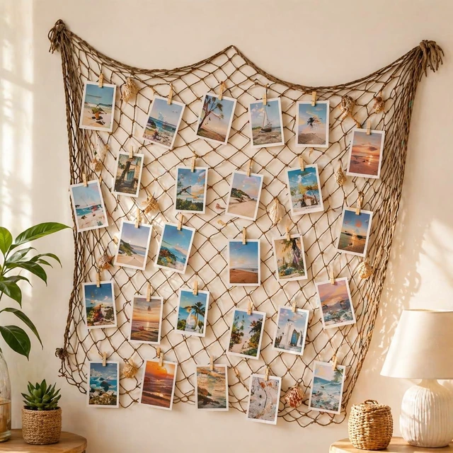 Alt view image 3 of 7 - Fish Net Decorations for Party, 80x40 Inch Large Decorative Fish Netting Table Runner, Wall Photo Hanging Fishnet for Nautical Mermaid Pirate Hawaii Beach Under the Sea Party Decorations, Caramel