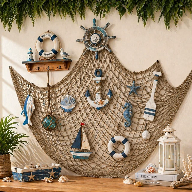 Alt view image 4 of 7 - Fish Net Decorations for Party, 80x40 Inch Large Decorative Fish Netting Table Runner, Wall Photo Hanging Fishnet for Nautical Mermaid Pirate Hawaii Beach Under the Sea Party Decorations, Caramel