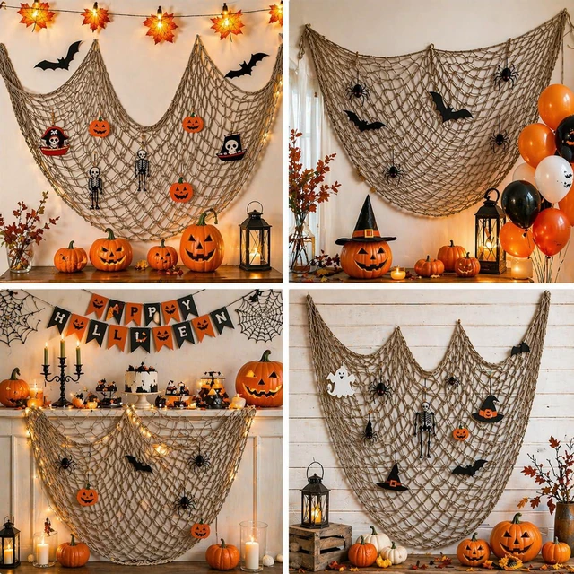Alt view image 7 of 7 - Fish Net Decorations for Party, 80x40 Inch Large Decorative Fish Netting Table Runner, Wall Photo Hanging Fishnet for Nautical Mermaid Pirate Hawaii Beach Under the Sea Party Decorations, Caramel