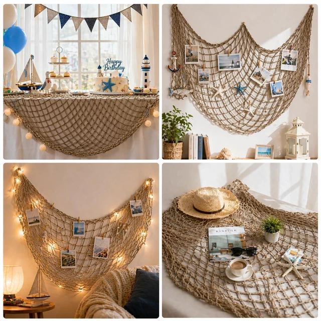 Alt view image 6 of 7 - Fish Net Decorations for Party, 80x40 Inch Large Decorative Fish Netting Table Runner, Wall Photo Hanging Fishnet for Nautical Mermaid Pirate Hawaii Beach Under the Sea Party Decorations, Caramel