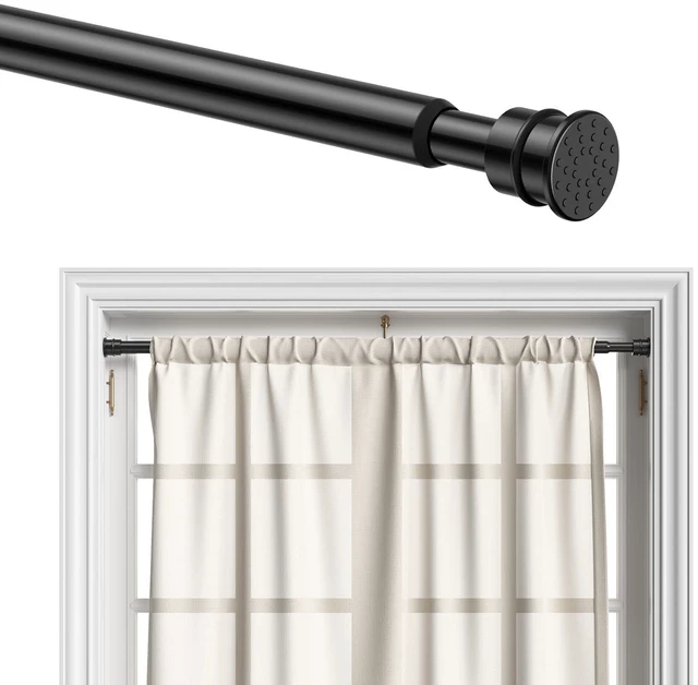 Main image of Curtain Rods No Drilling 28-48" 1/2" Diameter Renter Friendly Black 1 Pack | Fits Windows, Kitchen, Closet & Doorways, Spring Tension Design, Non-Slip Two Ends, Rust Resistant, Tool-Free Setup