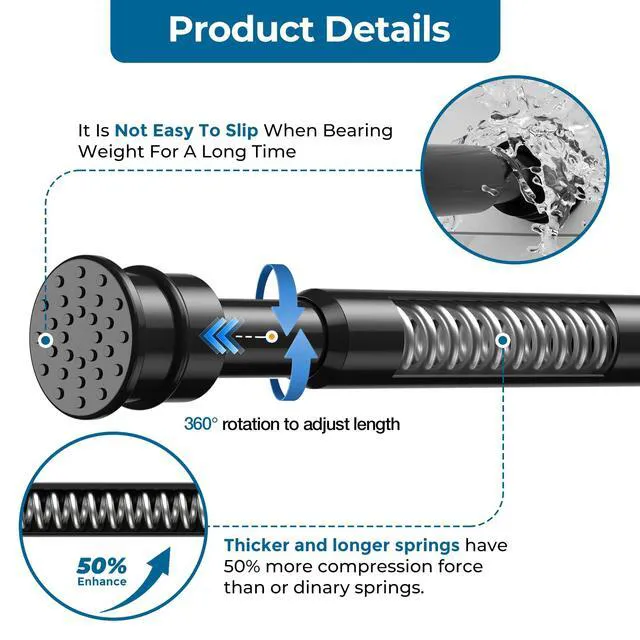 Alt view image 3 of 7 - Curtain Rods No Drilling 28-48" 1/2" Diameter Renter Friendly Black 1 Pack | Fits Windows, Kitchen, Closet & Doorways, Spring Tension Design, Non-Slip Two Ends, Rust Resistant, Tool-Free Setup