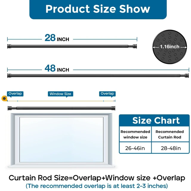 Alt view image 2 of 7 - Curtain Rods No Drilling 28-48" 1/2" Diameter Renter Friendly Black 1 Pack | Fits Windows, Kitchen, Closet & Doorways, Spring Tension Design, Non-Slip Two Ends, Rust Resistant, Tool-Free Setup
