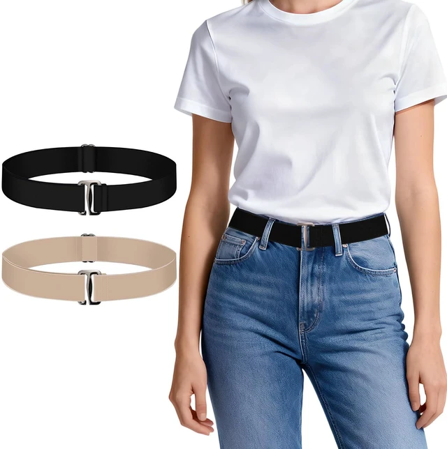 Main image of 2 Pack Elastic Belts for Women, Stretch Women's Belt for Jeans | No Show Black Stretchy Belts for Women Adjustable Invisible Flat Buckle Waist Belt for Pants