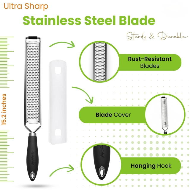 Alt view image 3 of 7 - Stainless Steel Lemon Zester - Garlic & Ginger Grater - Black | Premium Zester with Rustproof Blade, Cheese Grater with Handle for Parmesan, Nutmeg, Lime - Durable Citrus Zester, Fine Shred