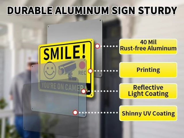 Alt view image 3 of 7 - 2 Pack Smile You're on Camera Signs Video Surveillance Signs Outdoor, 10"x7" Rust-Free Aluminum Warning Sign, UV Printed Weatherproof Security Camera Sign for Home, Business, Fence, Driveway, CCTV