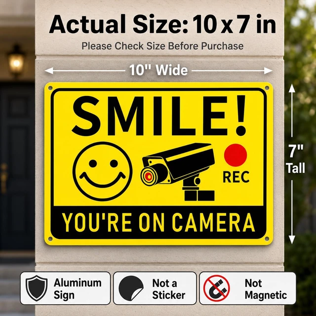 Alt view image 2 of 7 - 2 Pack Smile You're on Camera Signs Video Surveillance Signs Outdoor, 10"x7" Rust-Free Aluminum Warning Sign, UV Printed Weatherproof Security Camera Sign for Home, Business, Fence, Driveway, CCTV