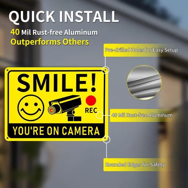 Alt view image 4 of 7 - 2 Pack Smile You're on Camera Signs Video Surveillance Signs Outdoor, 10"x7" Rust-Free Aluminum Warning Sign, UV Printed Weatherproof Security Camera Sign for Home, Business, Fence, Driveway, CCTV