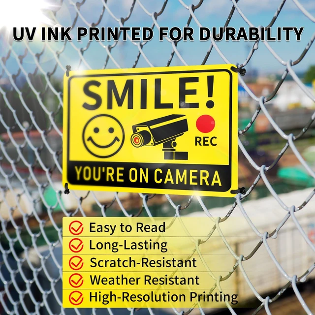 Alt view image 5 of 7 - 2 Pack Smile You're on Camera Signs Video Surveillance Signs Outdoor, 10"x7" Rust-Free Aluminum Warning Sign, UV Printed Weatherproof Security Camera Sign for Home, Business, Fence, Driveway, CCTV
