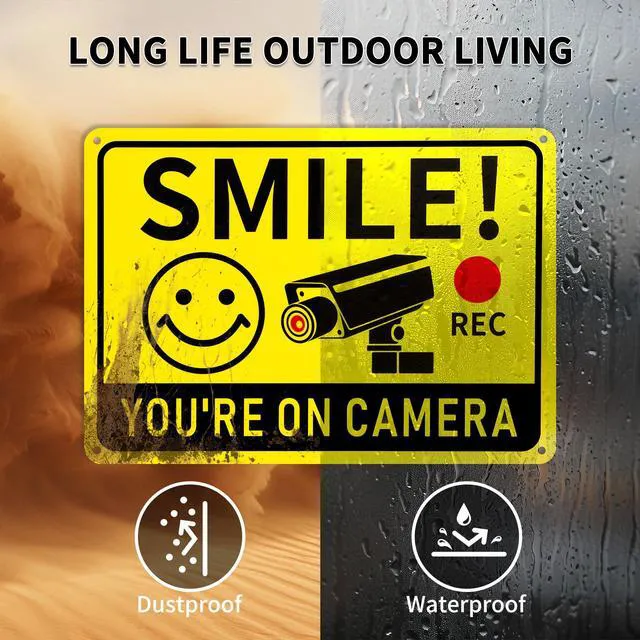 Alt view image 6 of 7 - 2 Pack Smile You're on Camera Signs Video Surveillance Signs Outdoor, 10"x7" Rust-Free Aluminum Warning Sign, UV Printed Weatherproof Security Camera Sign for Home, Business, Fence, Driveway, CCTV