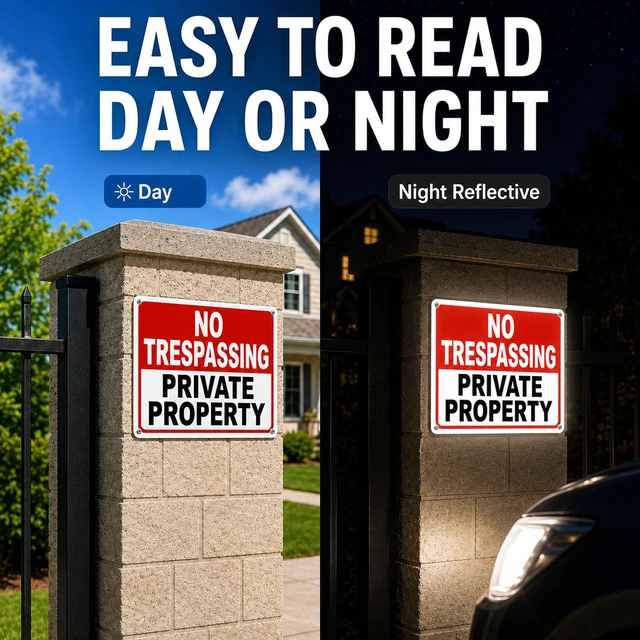 Alt view image 2 of 7 - 2 Pack No Trespassing Signs Private Property 10x7 Inch 40 Mil Rust Free Aluminum, Reflective Warning Sign, UV Printed, Weatherproof & Easy to Mount, High Visibility Security Sign for Home & Business