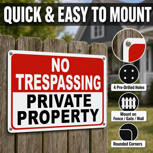 Alt view image 3 of 7 - 2 Pack No Trespassing Signs Private Property 10x7 Inch 40 Mil Rust Free Aluminum, Reflective Warning Sign, UV Printed, Weatherproof & Easy to Mount, High Visibility Security Sign for Home & Business