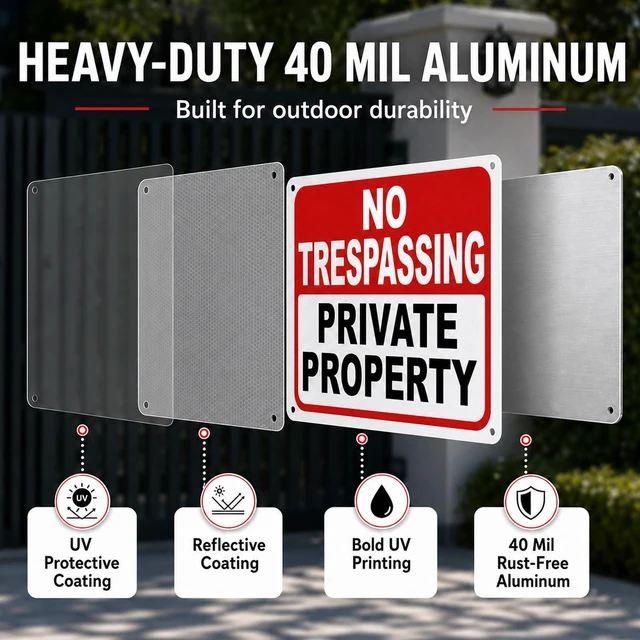 Alt view image 4 of 7 - 2 Pack No Trespassing Signs Private Property 10x7 Inch 40 Mil Rust Free Aluminum, Reflective Warning Sign, UV Printed, Weatherproof & Easy to Mount, High Visibility Security Sign for Home & Business