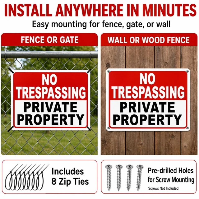 Alt view image 5 of 7 - 2 Pack No Trespassing Signs Private Property 10x7 Inch 40 Mil Rust Free Aluminum, Reflective Warning Sign, UV Printed, Weatherproof & Easy to Mount, High Visibility Security Sign for Home & Business