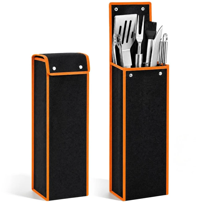 Main image of 2 Pcs Grill Utensil Storage Bag BBQ Tool Holder Pouch,Orange | Oxford Cloth Foldable Design, Camping Hiking Organizer, Snap Closure Secure, Stands Upright or Flat, Portable Outdoor Pouch