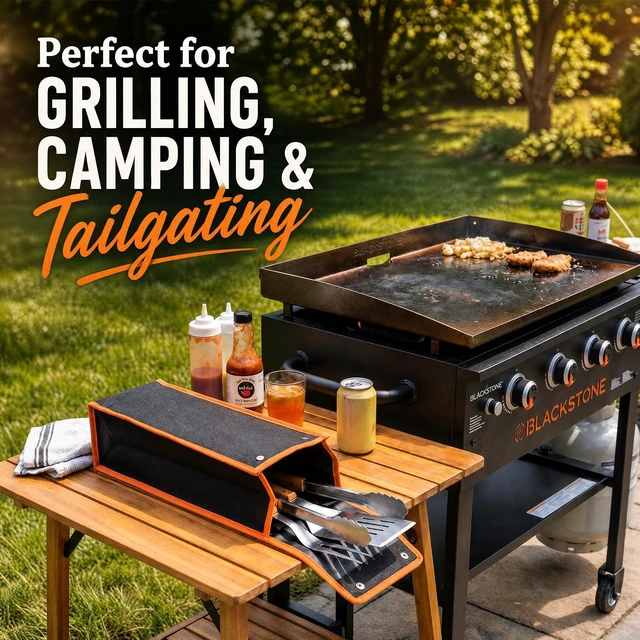 Alt view image 3 of 7 - 2 Pcs Grill Utensil Storage Bag BBQ Tool Holder Pouch,Orange | Oxford Cloth Foldable Design, Camping Hiking Organizer, Snap Closure Secure, Stands Upright or Flat, Portable Outdoor Pouch