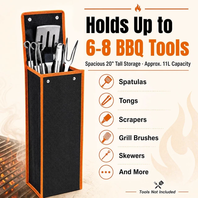 Alt view image 4 of 7 - 2 Pcs Grill Utensil Storage Bag BBQ Tool Holder Pouch,Orange | Oxford Cloth Foldable Design, Camping Hiking Organizer, Snap Closure Secure, Stands Upright or Flat, Portable Outdoor Pouch