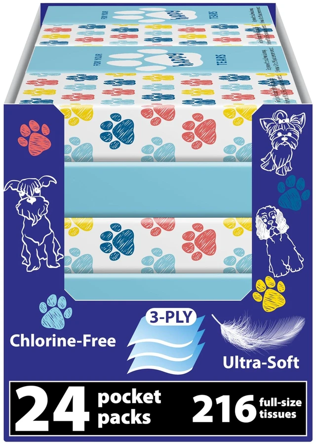 Main image of Travel Tissues, 24-Pack, 216 Soft 3-Ply Sheets, Playful Dog Design | 9 Sheets Per Pocket Pack, Chlorine-Free Sustainably Sourced Virgin Pulp, Strong & Absorbent, for Purse, Car, School & Travel