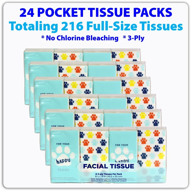 Alt view image 7 of 7 - Travel Tissues, 24-Pack, 216 Soft 3-Ply Sheets, Playful Dog Design | 9 Sheets Per Pocket Pack, Chlorine-Free Sustainably Sourced Virgin Pulp, Strong & Absorbent, for Purse, Car, School & Travel