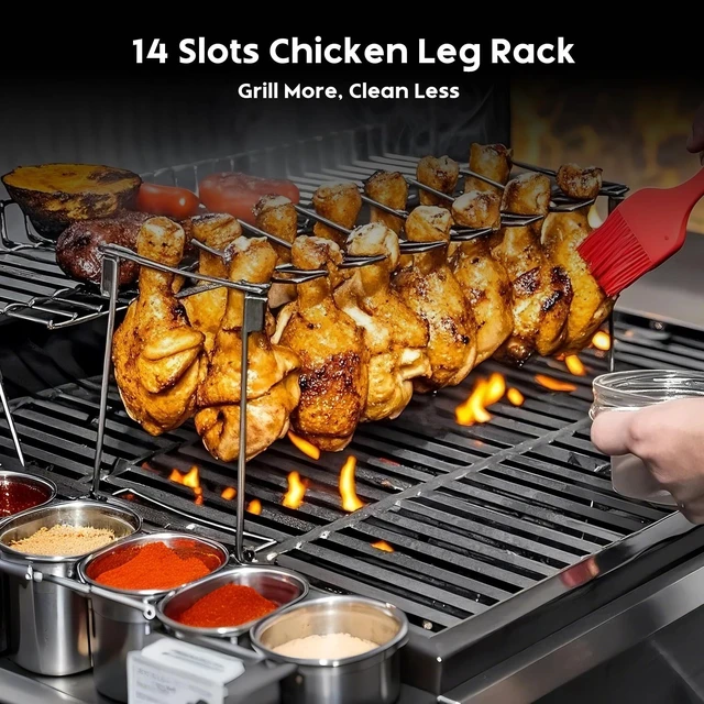 Alt view image 2 of 7 - Chicken Leg Rack for Grill 14 Slots - 2 Pcs Set for Smoker Oven BBQ | Professional Grade Stainless Steel Chicken Drumstick Holder, Easy to Use & Clean