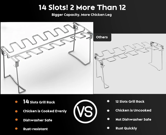 Alt view image 4 of 7 - Chicken Leg Rack for Grill 14 Slots - 2 Pcs Set for Smoker Oven BBQ | Professional Grade Stainless Steel Chicken Drumstick Holder, Easy to Use & Clean