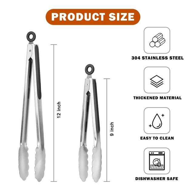 Alt view image 2 of 7 - Stainless Steel Kitchen Tongs, Silicone Non-slip Grip, Locking Grilling Food Tongs Set of 2, 9-inch & 12-inch