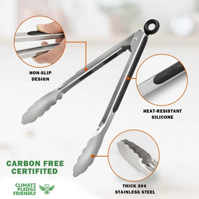 Alt view image 5 of 7 - Stainless Steel Kitchen Tongs, Silicone Non-slip Grip, Locking Grilling Food Tongs Set of 2, 9-inch & 12-inch
