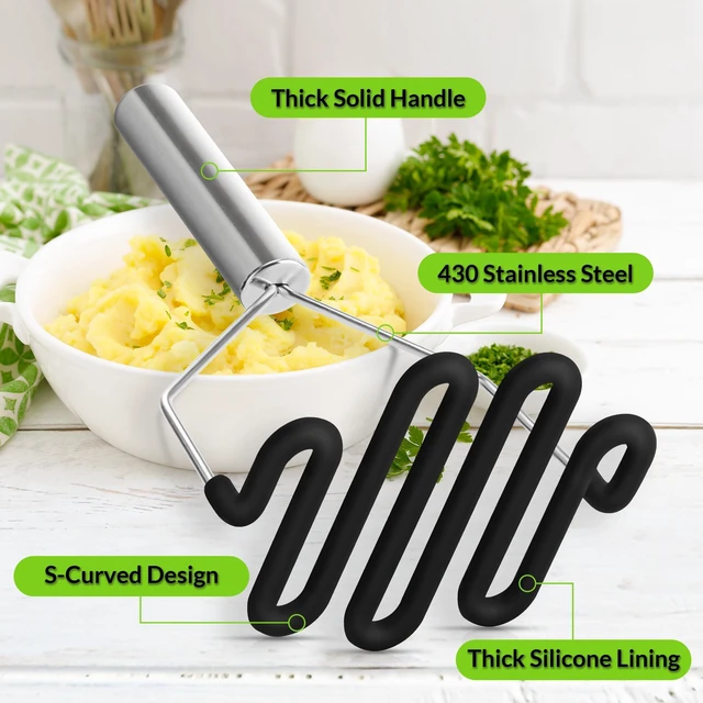 Alt view image 3 of 7 - Non-Scratch Potato Masher Silicone Heavy Duty Stainless Steel Wire Black | Dishwasher Safe Sturdy Handle Wrapped Premium Silicone Masher Kitchen Tool for Avocado Bean Vegetable Jams Sauces Guacamole