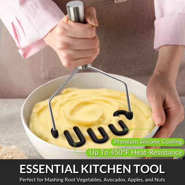 Alt view image 5 of 7 - Non-Scratch Potato Masher Silicone Heavy Duty Stainless Steel Wire Black | Dishwasher Safe Sturdy Handle Wrapped Premium Silicone Masher Kitchen Tool for Avocado Bean Vegetable Jams Sauces Guacamole