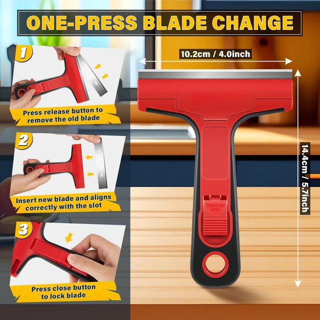 Alt view image 4 of 5 - Razor Blade Scraper with 10 PCS 4" Blades, Scraper for Cleaning | Razor Scraper for Cleaning Glass, Window, Stove Top, Oven, Kitchen, Cooktop, Shower Door, Sticky Residue, Wallpaper, Red