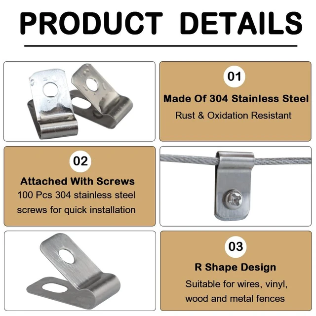 Alt view image 3 of 7 - Wire Fence Clips Metal Fence Wire Clamps Stainless Steel, 100 PCS | Fencing Mounting Clips with 100 PCS Stainless Steel Screws for 12-16 Gauge Welded Clamps to Wood, Metal or Vinyl Railings