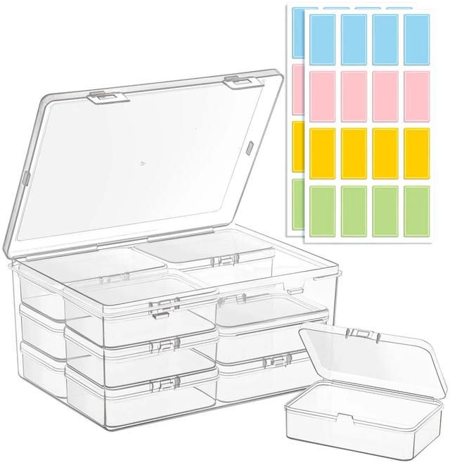 Main image of Medium Plastic Organizer Boxes, 12 Clear Containers with Hinged Lids, for Beads, Jewelry, Crafts, Electronics, Hardware, School Supplies (32 Labels)
