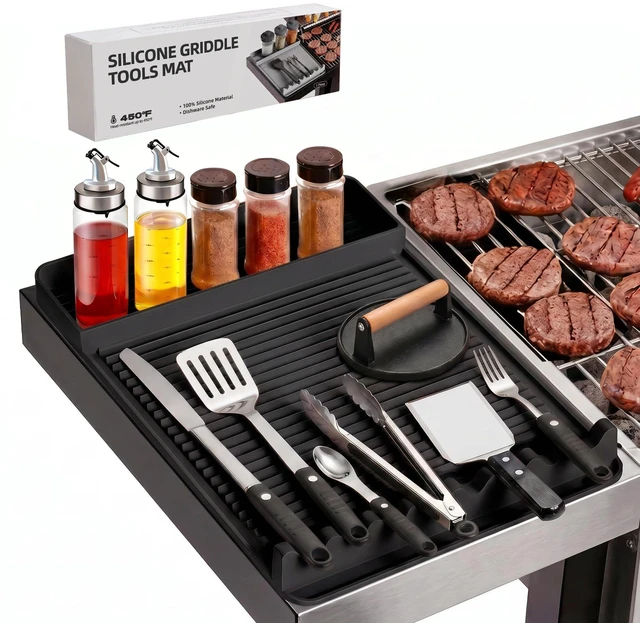 Main image of Silicone Grill Mat for Blackstone Griddles & Outdoor Grills - Heat Resistant (450°F) Countertop Protector, Non-Slip Tool Organizer & Grease Catcher, 16x11.5 Inch(Black)
