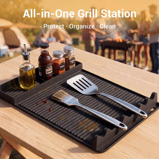 Alt view image 6 of 7 - Silicone Grill Mat for Blackstone Griddles & Outdoor Grills - Heat Resistant (450°F) Countertop Protector, Non-Slip Tool Organizer & Grease Catcher, 16x11.5 Inch(Black)